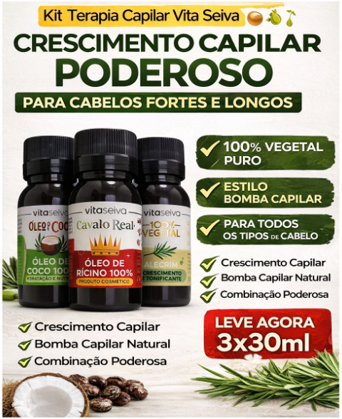 Kit Terapia Capilar Vita Seiva (Coco + Rícino + Alecrim) 100% Vegetal 180ml